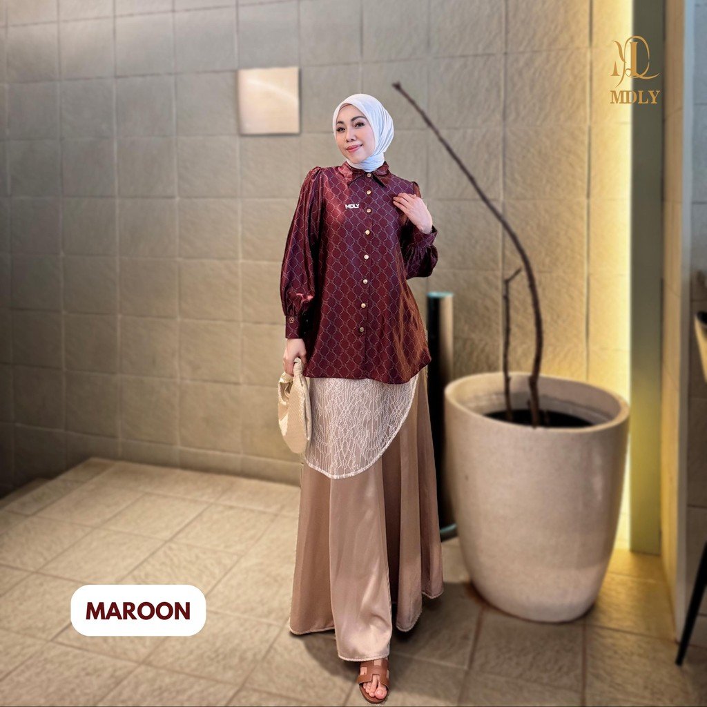 Youna Monogram Shirt Vol. 2, Vol. 3 & Syafa Shirt By MDLY - Atasan Wanita Kemeja Kerja Murah Terbaru Bahan Silk Premium Motif Shirt Casual Lengan Panjang mdly Terbaru Ori