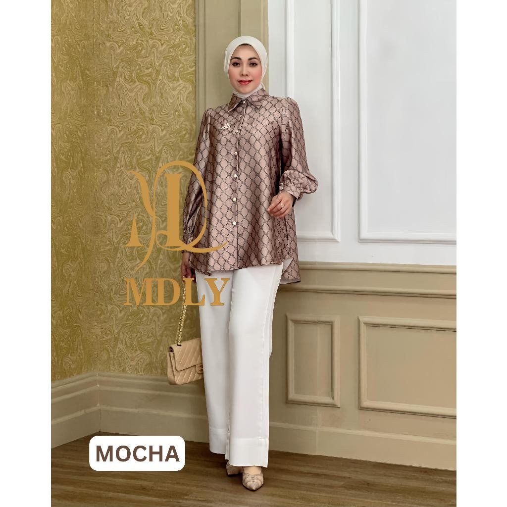 Youna Monogram Shirt Vol. 2, Vol. 3 & Syafa Shirt By MDLY - Atasan Wanita Kemeja Kerja Murah Terbaru Bahan Silk Premium Motif Shirt Casual Lengan Panjang mdly Terbaru Ori