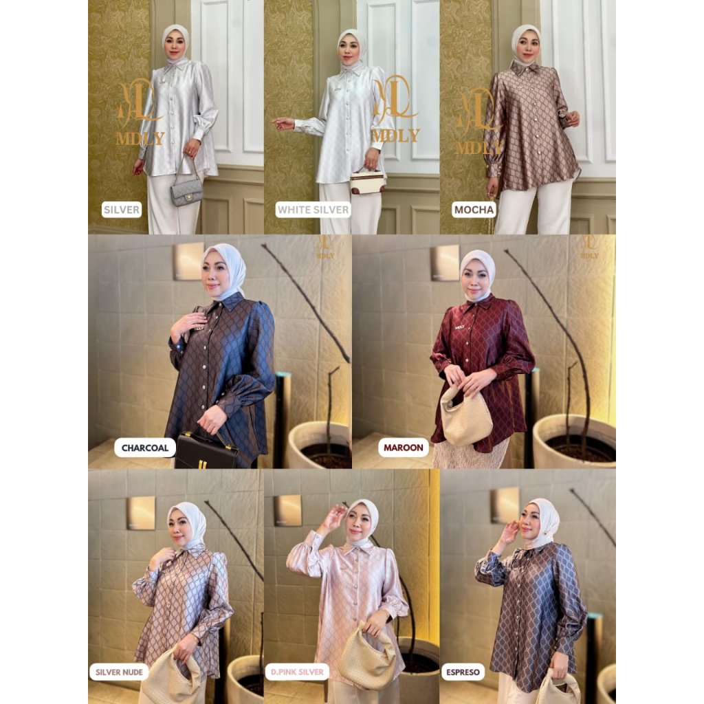 Youna Monogram Shirt Vol. 2, Vol. 3 & Syafa Shirt By MDLY - Atasan Wanita Kemeja Kerja Murah Terbaru Bahan Silk Premium Motif Shirt Casual Lengan Panjang mdly Terbaru Ori