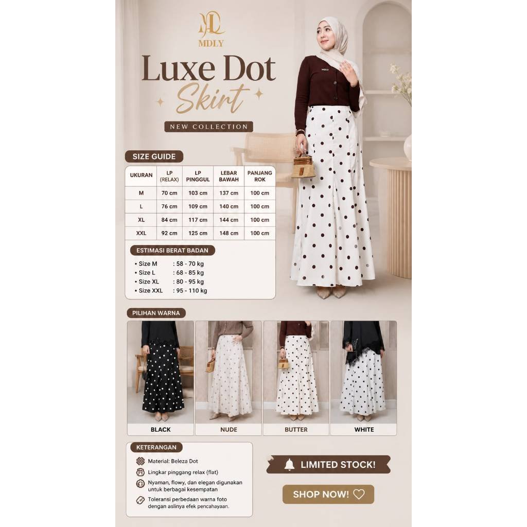 Luxe Skirt & Luxe Dot Skirt By MDLY - Bawahan Wanita  RokTerbaru Bahan silk Premium Skirt Simple Elegan Kekinian Motif Polos Fashion Muslim