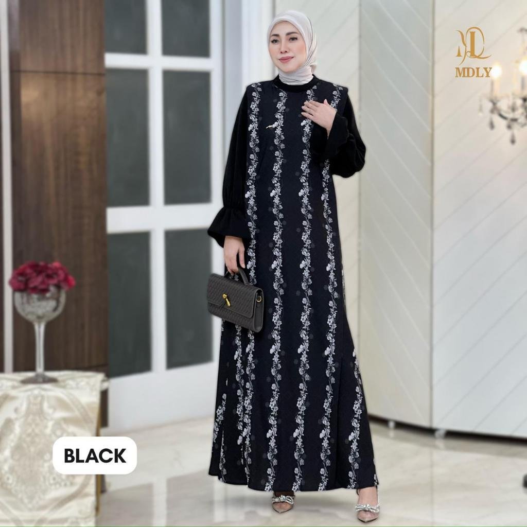 Whisper Dress By MDLY - Dress Wanita Mewah Elegan Murah Terbaru Bahan Belleza Blossom Monogram Print Premium Motif Gamis Murah Kekinian Gamis Lebaran Terbaru Dress Kondangan mdly Terbaru Ori