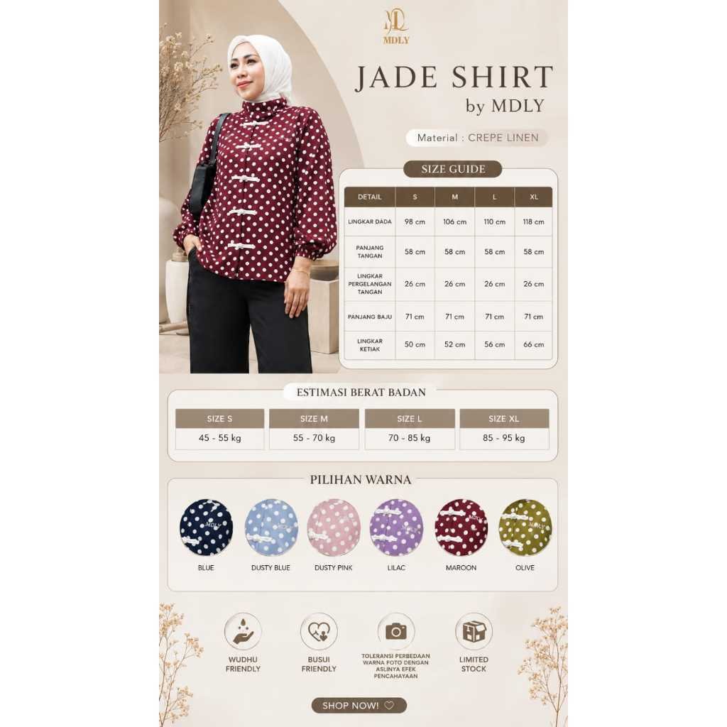 MDLY Terbaru Jade shirt Atasan Wanita Kemeja Kerja Bahan Premium Terbaru  Shirt Casual Lengan Panjang