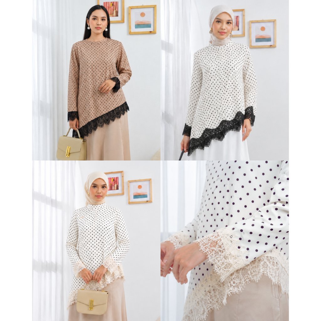 Naira Blouse & Assymetric Lace Top & Assymetric Lace Dot By MDLY - Atasan Wanita Kemeja Kerja Murah Terbaru Bahan Silk Premium Polos Shirt Casual Lengan Panjang mdly Terbaru Ori