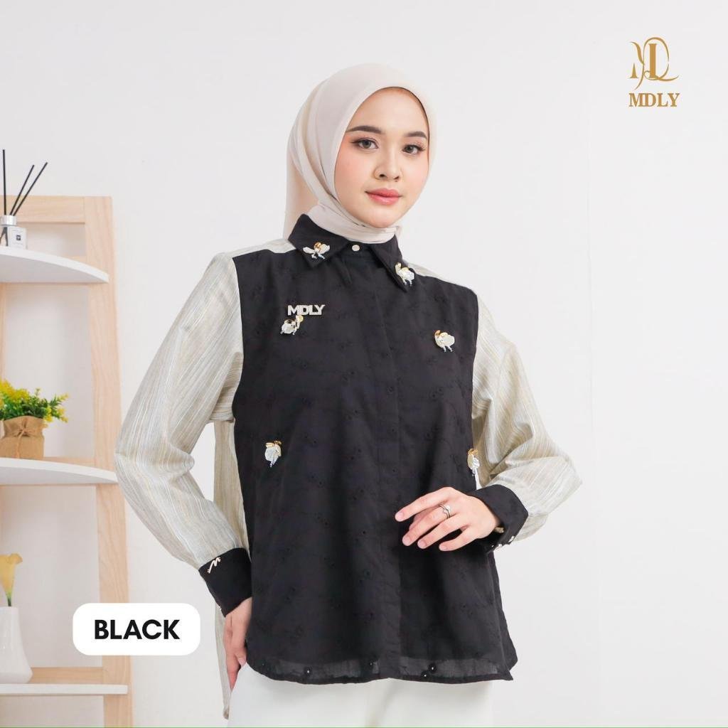 Liana Shirt By MDLY - Atasan Wanita Kemeja Kerja Murah Terbaru Bahan Katun Premium Polos Shirt Casual Lengan Panjang mdly Terbaru Ori Black