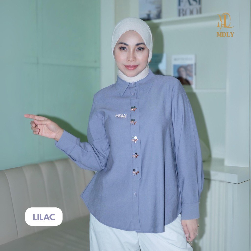 Kana Beads Shirt By MDLY - Atasan Wanita Kemeja Kerja Murah Terbaru Bahan Katun Premium Polos Shirt Casual Lengan Panjang mdly Terbaru Ori Lilac