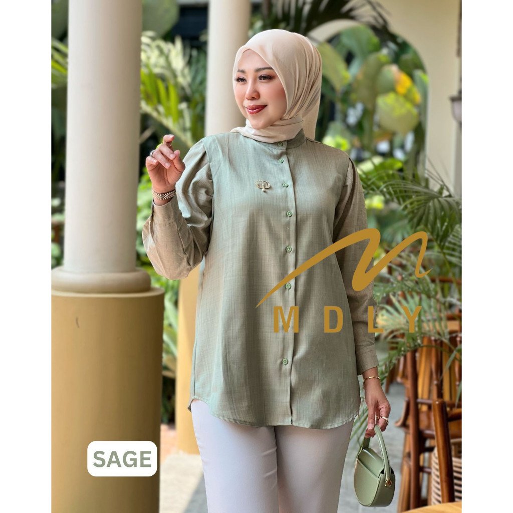 Kana Beads Shirt By MDLY - Atasan Wanita Kemeja Kerja Murah Terbaru Bahan Katun Premium Polos Shirt Casual Lengan Panjang mdly Terbaru Ori Sage