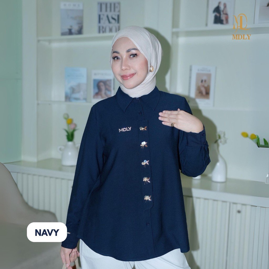 Kana Beads Shirt By MDLY - Atasan Wanita Kemeja Kerja Murah Terbaru Bahan Katun Premium Polos Shirt Casual Lengan Panjang mdly Terbaru Ori Navy
