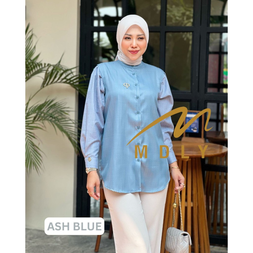 Kana Beads Shirt By MDLY - Atasan Wanita Kemeja Kerja Murah Terbaru Bahan Katun Premium Polos Shirt Casual Lengan Panjang mdly Terbaru Ori Ash blue