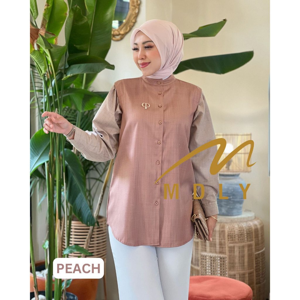 Kana Beads Shirt By MDLY - Atasan Wanita Kemeja Kerja Murah Terbaru Bahan Katun Premium Polos Shirt Casual Lengan Panjang mdly Terbaru Ori Peach