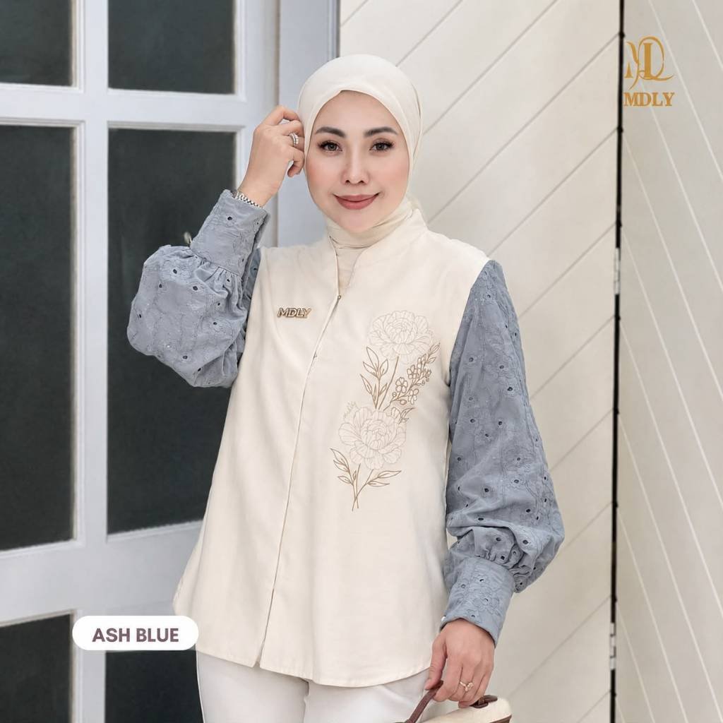 MDLY  Terbaru Petals Outerwear Atasan Pakaian wanita Bahan katun premium Lengan panjang Ash Blue