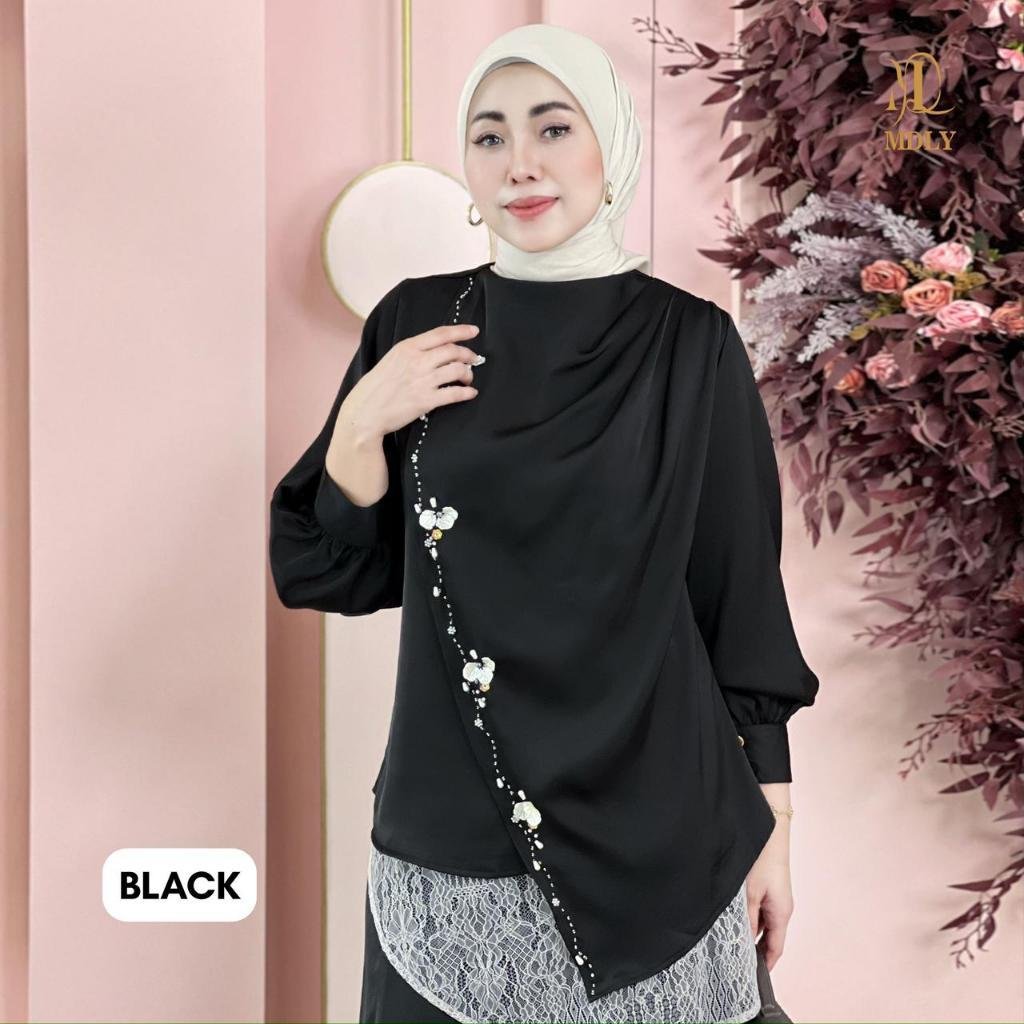 Naira Blouse & Assymetric Lace Top & Assymetric Lace Dot By MDLY - Atasan Wanita Kemeja Kerja Murah Terbaru Bahan Silk Premium Polos Shirt Casual Lengan Panjang mdly Terbaru Ori Hitam