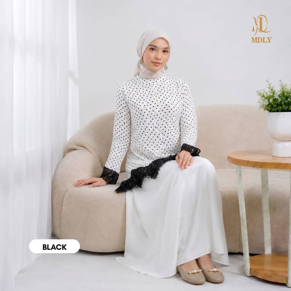 Naira Blouse & Assymetric Lace Top & Assymetric Lace Dot By MDLY - Atasan Wanita Kemeja Kerja Murah Terbaru Bahan Silk Premium Polos Shirt Casual Lengan Panjang mdly Terbaru Ori Dot Black
