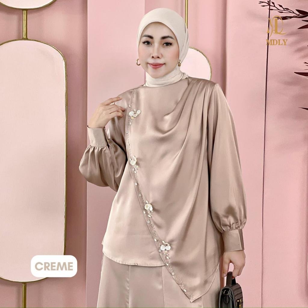 Naira Blouse & Assymetric Lace Top & Assymetric Lace Dot By MDLY - Atasan Wanita Kemeja Kerja Murah Terbaru Bahan Silk Premium Polos Shirt Casual Lengan Panjang mdly Terbaru Ori Creme