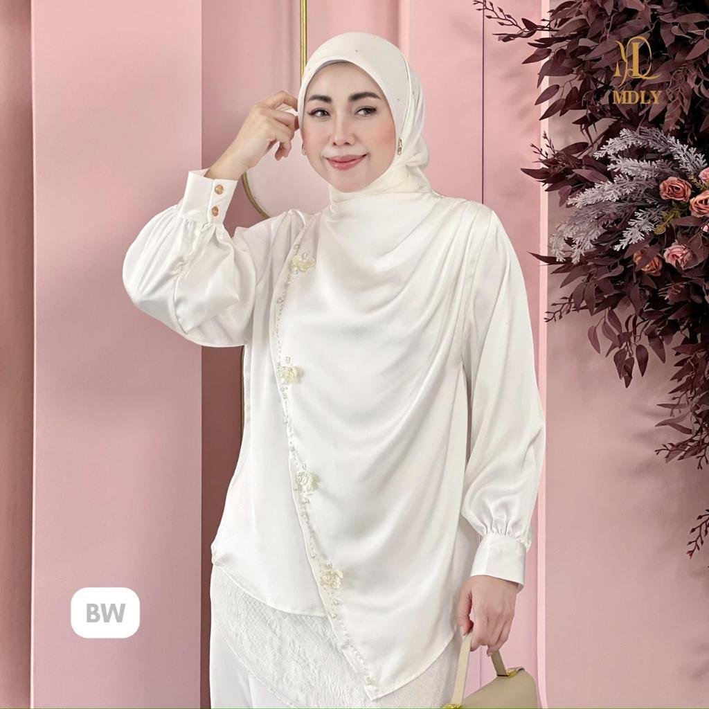 Naira Blouse & Assymetric Lace Top & Assymetric Lace Dot By MDLY - Atasan Wanita Kemeja Kerja Murah Terbaru Bahan Silk Premium Polos Shirt Casual Lengan Panjang mdly Terbaru Ori Bw