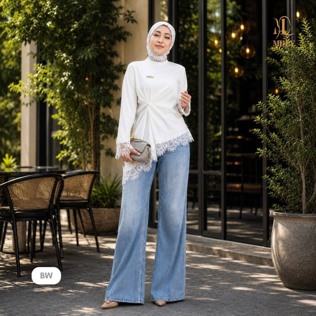 Naira Blouse & Assymetric Lace Top & Assymetric Lace Dot By MDLY - Atasan Wanita Kemeja Kerja Murah Terbaru Bahan Silk Premium Polos Shirt Casual Lengan Panjang mdly Terbaru Ori Assymetric Bw