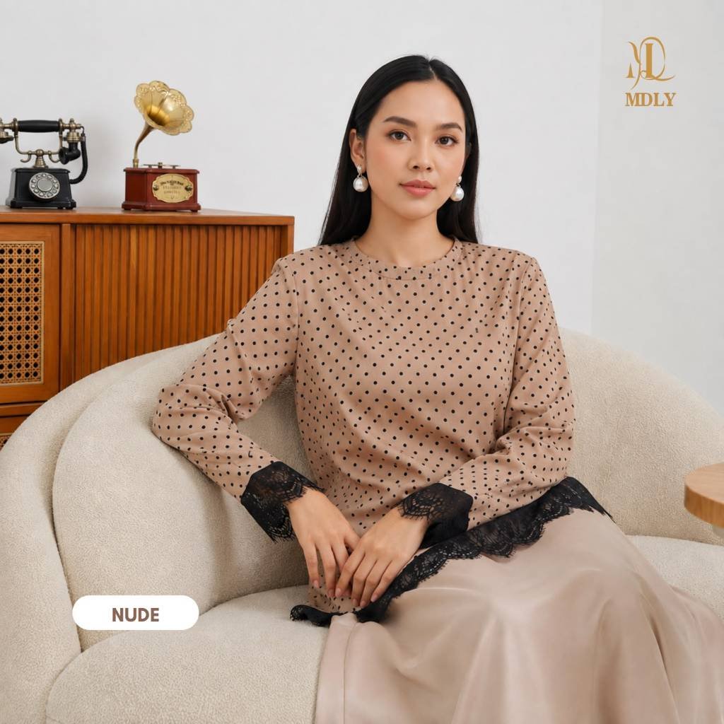 Naira Blouse & Assymetric Lace Top & Assymetric Lace Dot By MDLY - Atasan Wanita Kemeja Kerja Murah Terbaru Bahan Silk Premium Polos Shirt Casual Lengan Panjang mdly Terbaru Ori Dot Nude