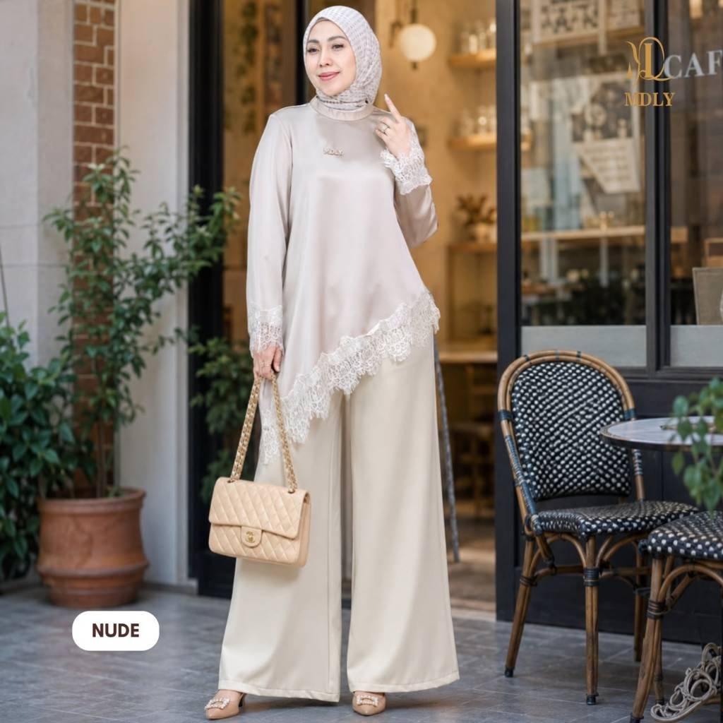 Naira Blouse & Assymetric Lace Top & Assymetric Lace Dot By MDLY - Atasan Wanita Kemeja Kerja Murah Terbaru Bahan Silk Premium Polos Shirt Casual Lengan Panjang mdly Terbaru Ori Assymetric Nude