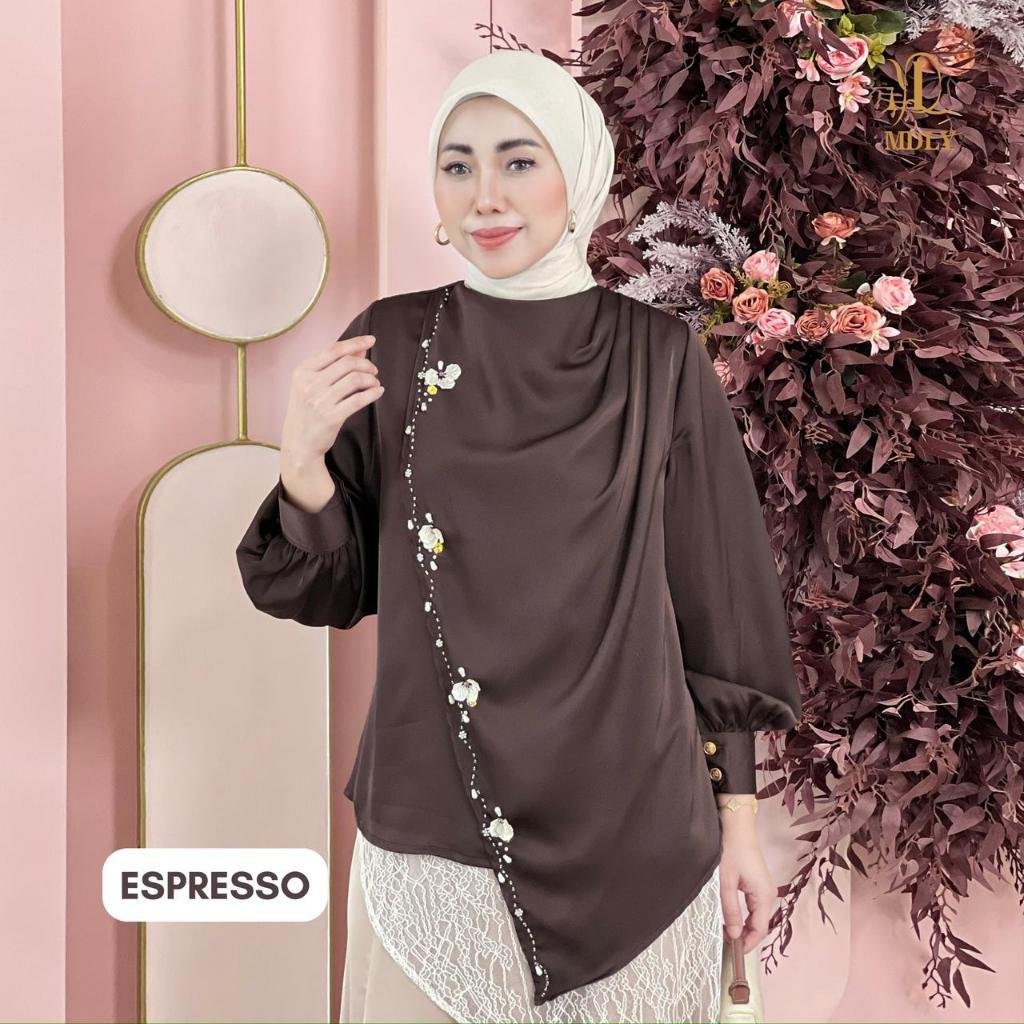 Naira Blouse & Assymetric Lace Top & Assymetric Lace Dot By MDLY - Atasan Wanita Kemeja Kerja Murah Terbaru Bahan Silk Premium Polos Shirt Casual Lengan Panjang mdly Terbaru Ori Espresso