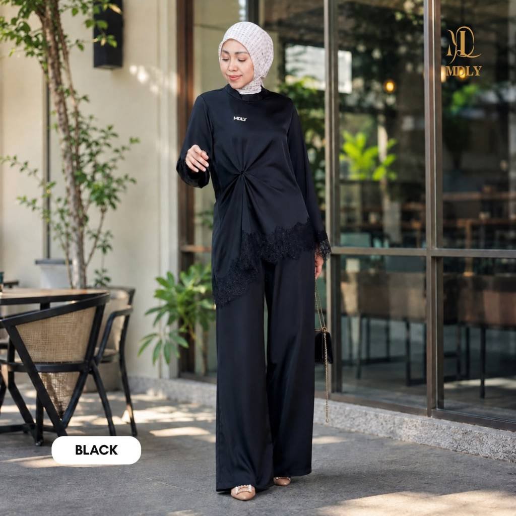 Naira Blouse & Assymetric Lace Top & Assymetric Lace Dot By MDLY - Atasan Wanita Kemeja Kerja Murah Terbaru Bahan Silk Premium Polos Shirt Casual Lengan Panjang mdly Terbaru Ori Assymetric Black