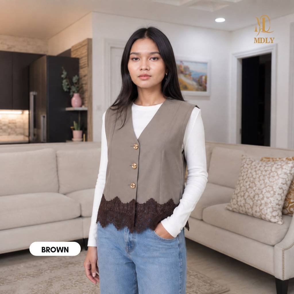 Viona Lace Vest Atasan outer rompi Wanita Elegan Bahan Premium Brown