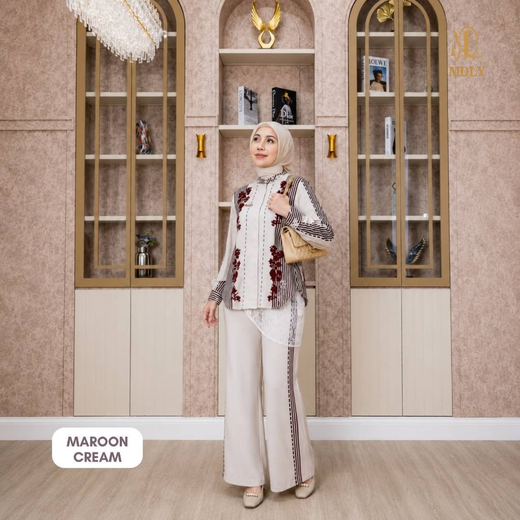 MDLY Terbaru Reverie Set Setelan Wanita Terbaru One Set Premium Bahan Arabian Crepe Premium Motif Setcel Elegan Setelan Cewek Hijab Frendly Maroon cream