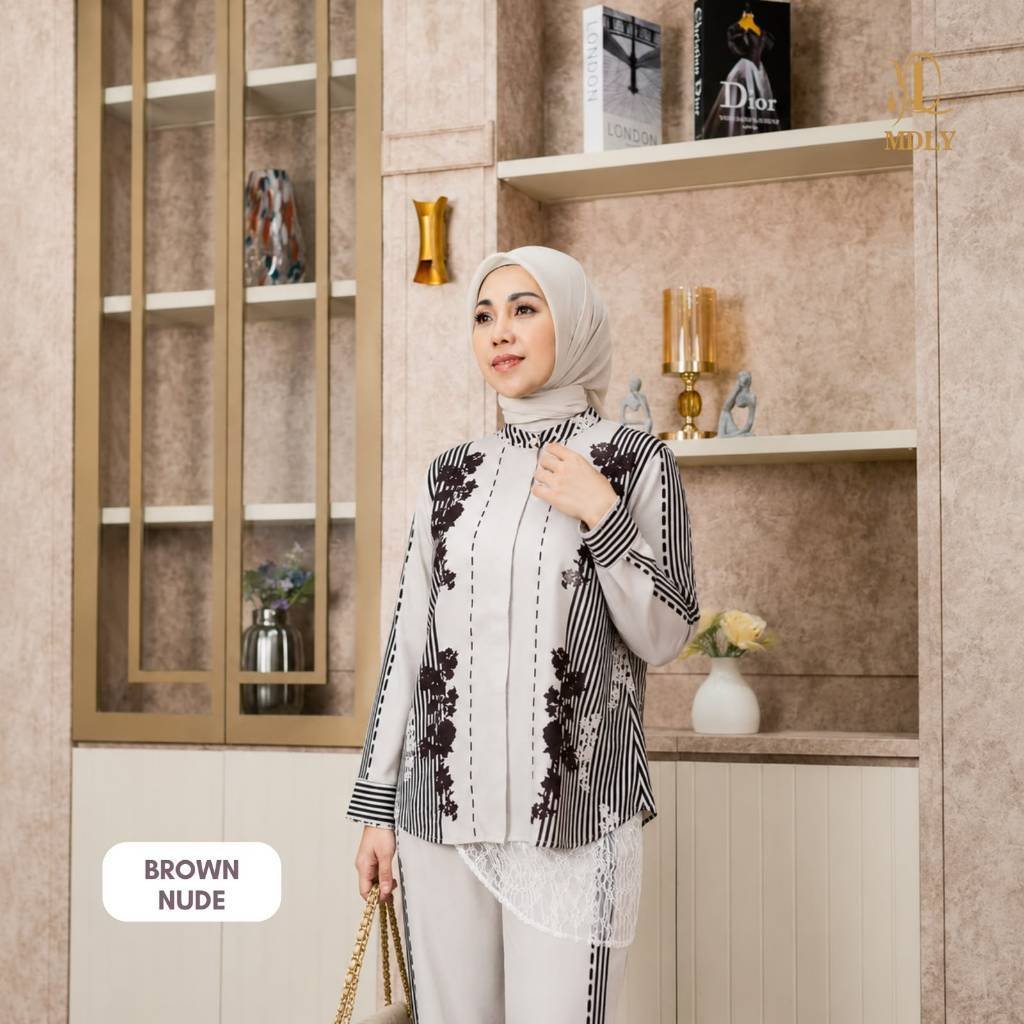 MDLY Terbaru Reverie Set Setelan Wanita Terbaru One Set Premium Bahan Arabian Crepe Premium Motif Setcel Elegan Setelan Cewek Hijab Frendly Brown Nude