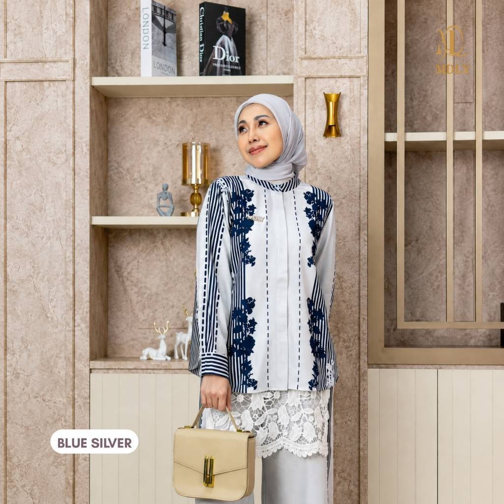 MDLY Terbaru Reverie Set Setelan Wanita Terbaru One Set Premium Bahan Arabian Crepe Premium Motif Setcel Elegan Setelan Cewek Hijab Frendly Blue Silver