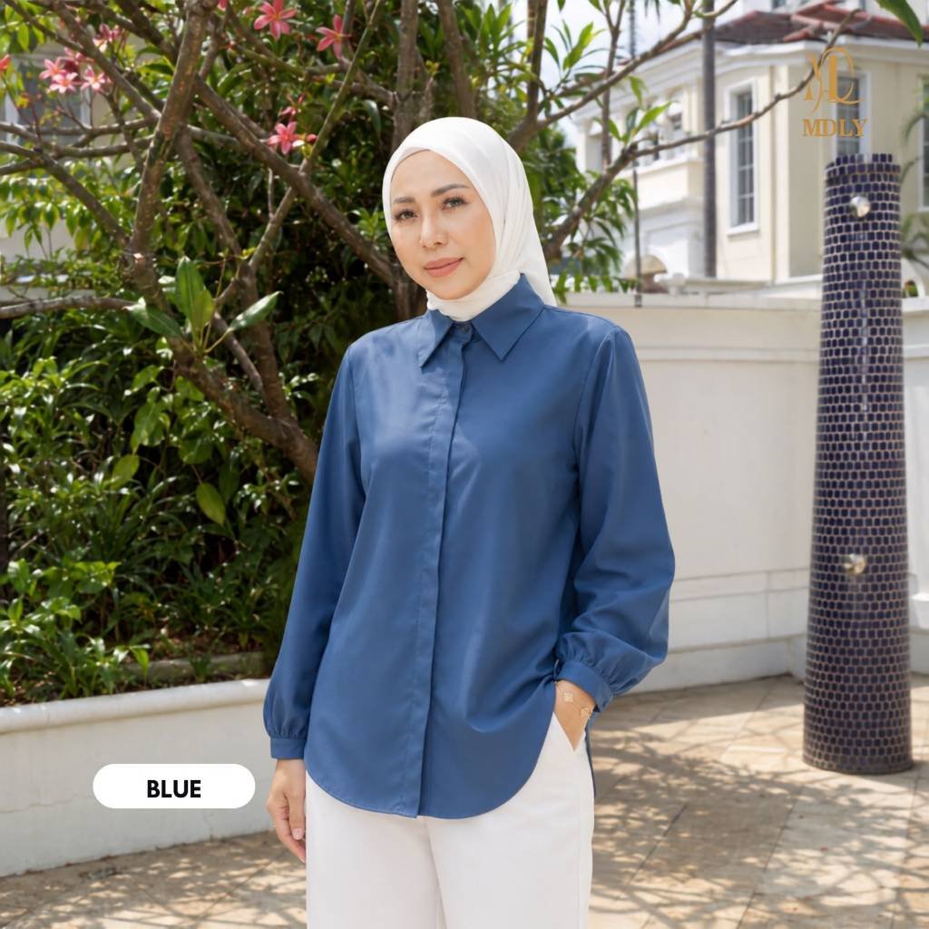 Amor Shirt & Amor Ironlessby MDLY - Atasan Wanita Kemeja Kerja Murah Terbaru Bahan Katun Premium Polos Shirt Casual Lengan Panjang mdly Terbaru Ori Amor Blue