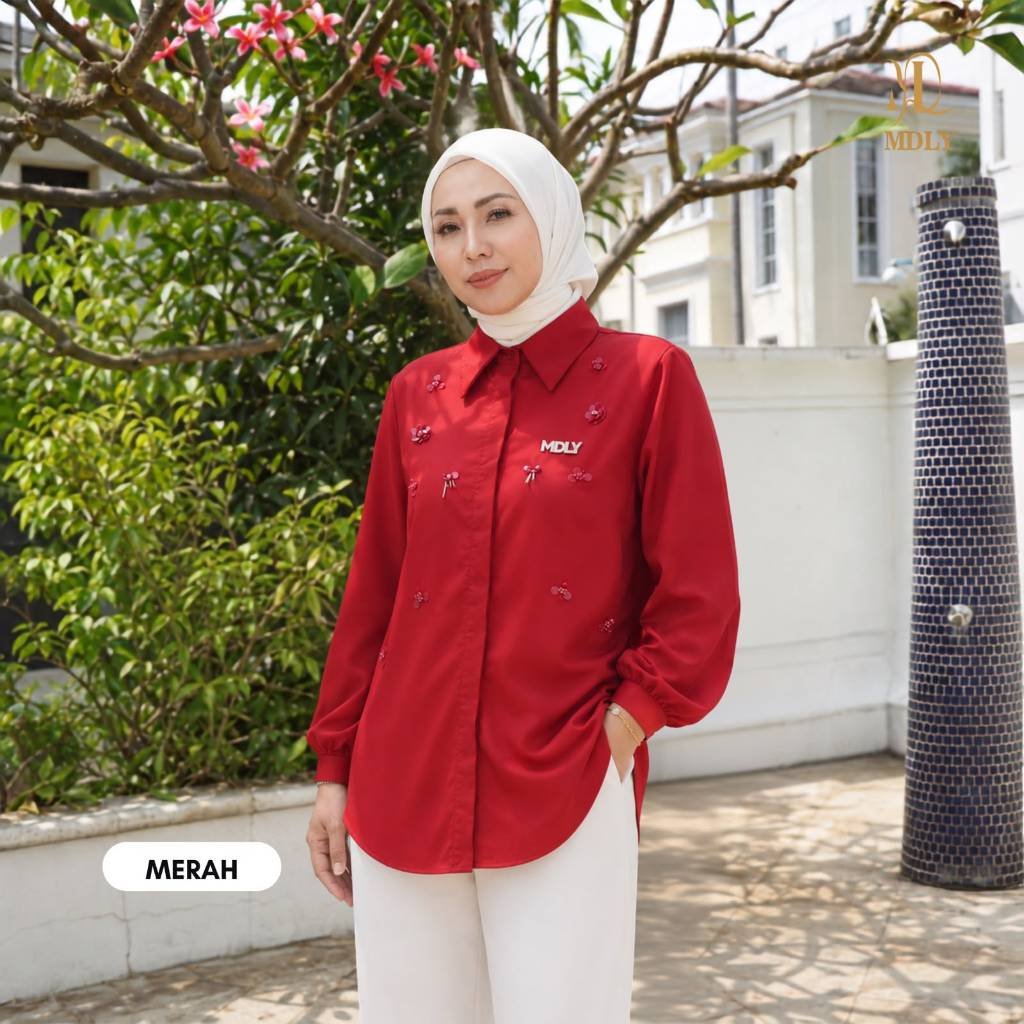 Amor Shirt & Amor Ironlessby MDLY - Atasan Wanita Kemeja Kerja Murah Terbaru Bahan Katun Premium Polos Shirt Casual Lengan Panjang mdly Terbaru Ori Amor Merah Bead