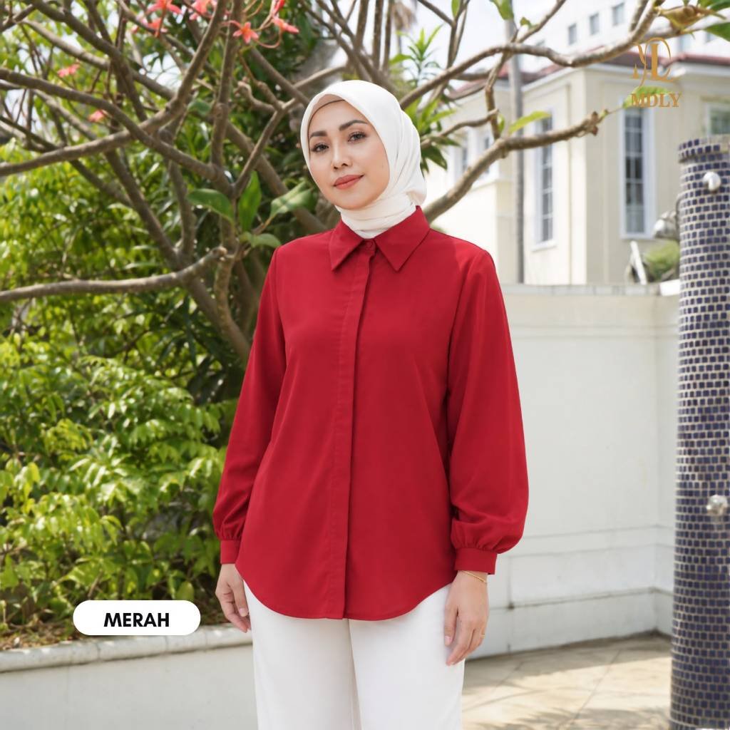 Amor Shirt & Amor Ironlessby MDLY - Atasan Wanita Kemeja Kerja Murah Terbaru Bahan Katun Premium Polos Shirt Casual Lengan Panjang mdly Terbaru Ori Amor Merah Plain