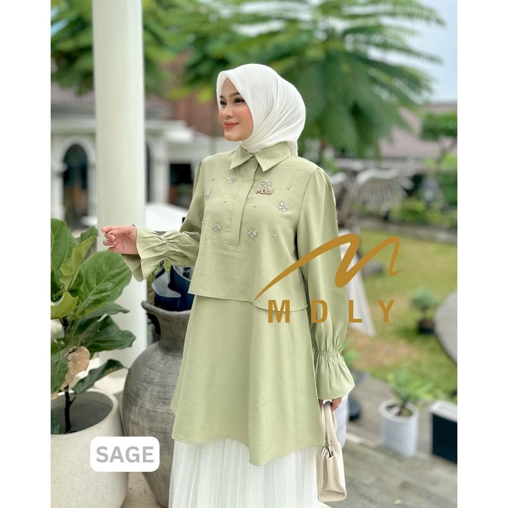 MDLY Terbaru  Baju kemeja atasan wanita muslim Mosha Lux Tunic by MDLY Sage