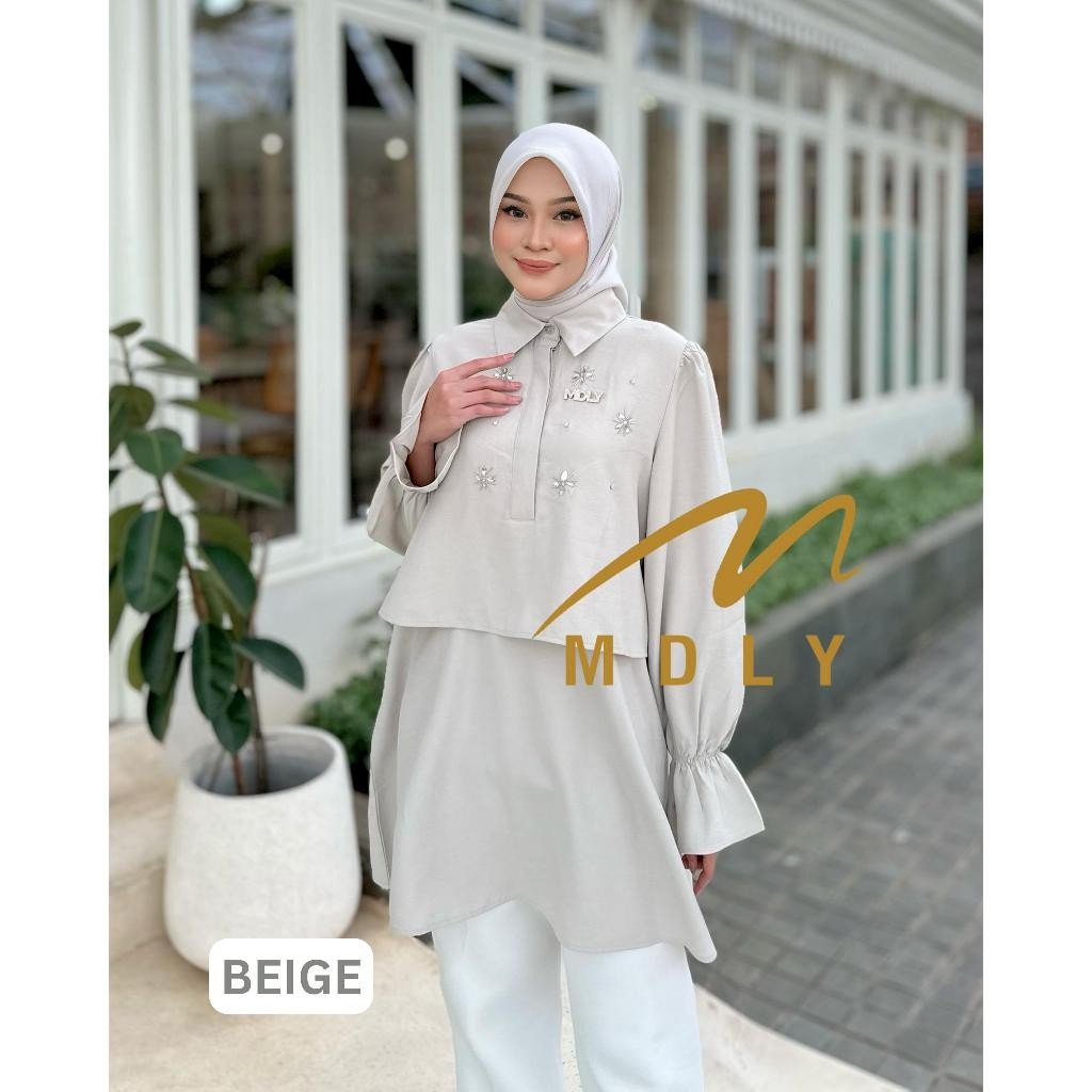 MDLY Terbaru  Baju kemeja atasan wanita muslim Mosha Lux Tunic by MDLY Beige