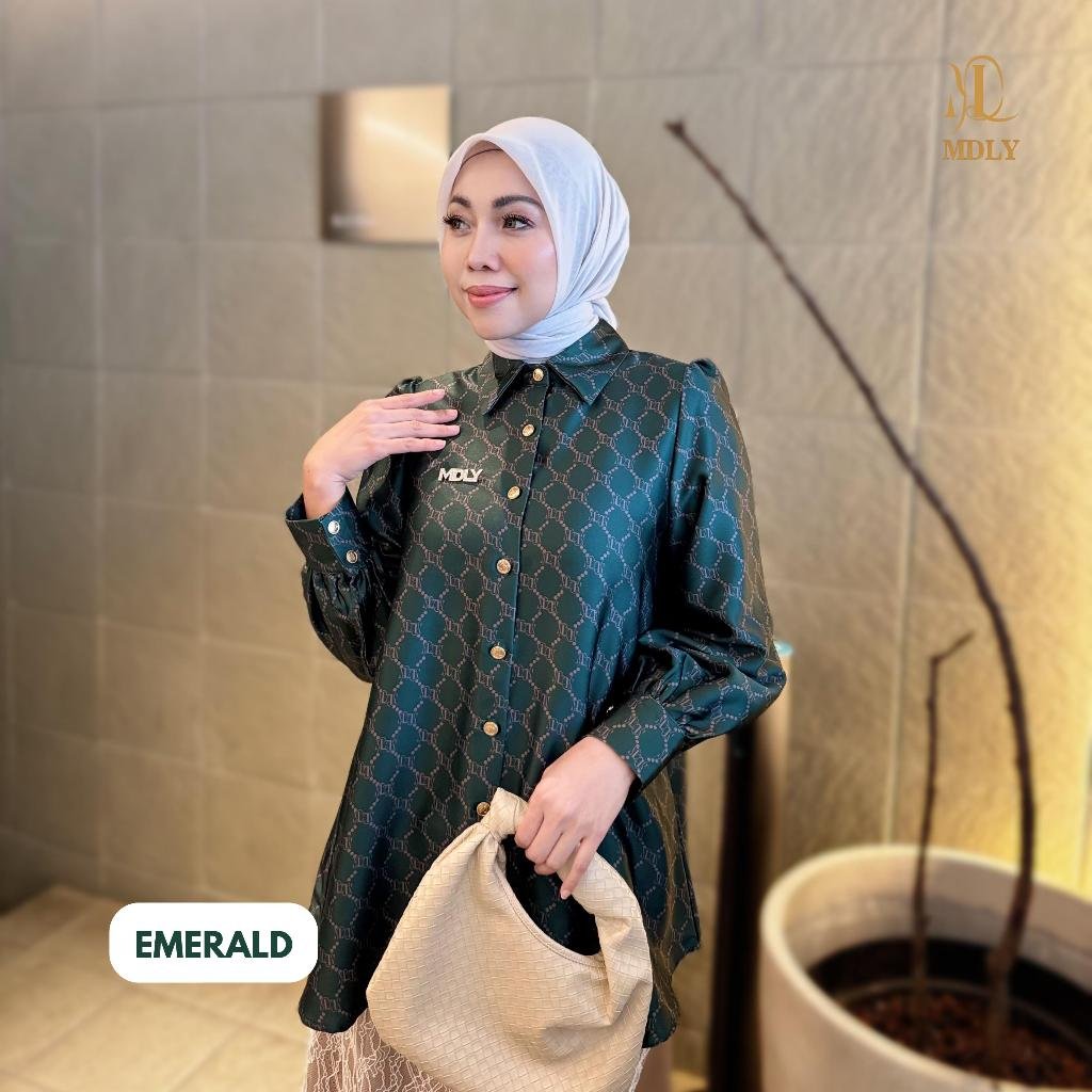Youna Monogram Shirt Vol. 2, Vol. 3 & Syafa Shirt By MDLY - Atasan Wanita Kemeja Kerja Murah Terbaru Bahan Silk Premium Motif Shirt Casual Lengan Panjang mdly Terbaru Ori Emerald