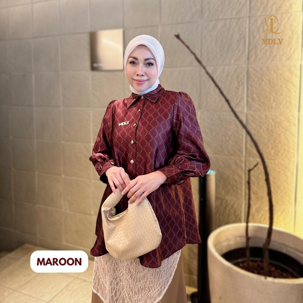Youna Monogram Shirt Vol. 2, Vol. 3 & Syafa Shirt By MDLY - Atasan Wanita Kemeja Kerja Murah Terbaru Bahan Silk Premium Motif Shirt Casual Lengan Panjang mdly Terbaru Ori Maroon