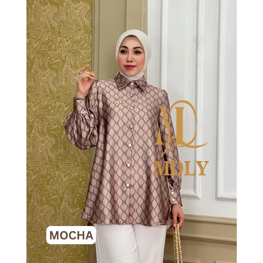 Youna Monogram Shirt Vol. 2, Vol. 3 & Syafa Shirt By MDLY - Atasan Wanita Kemeja Kerja Murah Terbaru Bahan Silk Premium Motif Shirt Casual Lengan Panjang mdly Terbaru Ori Mocha