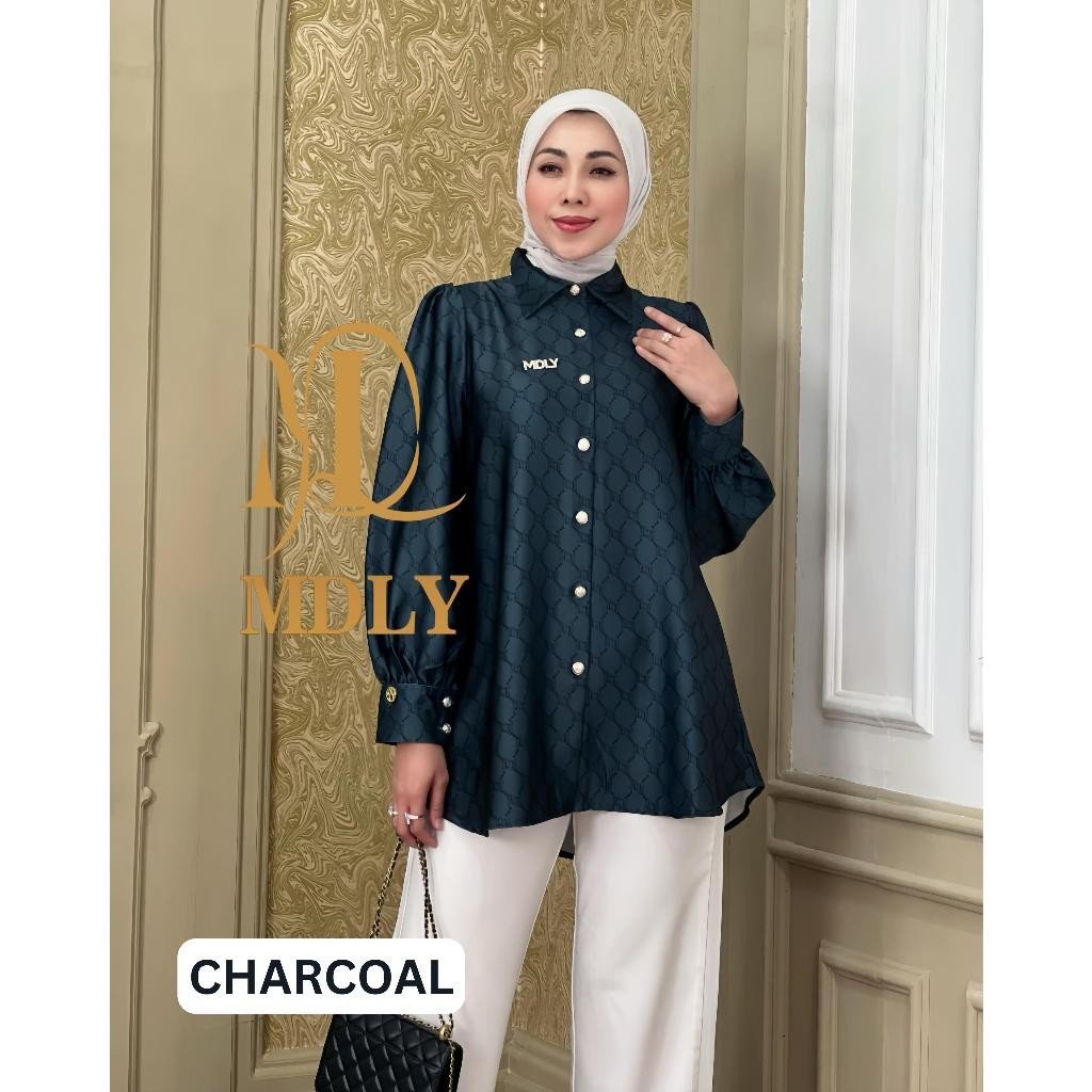 Youna Monogram Shirt Vol. 2, Vol. 3 & Syafa Shirt By MDLY - Atasan Wanita Kemeja Kerja Murah Terbaru Bahan Silk Premium Motif Shirt Casual Lengan Panjang mdly Terbaru Ori Charcoal