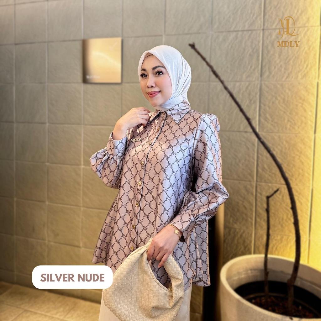 Youna Monogram Shirt Vol. 2, Vol. 3 & Syafa Shirt By MDLY - Atasan Wanita Kemeja Kerja Murah Terbaru Bahan Silk Premium Motif Shirt Casual Lengan Panjang mdly Terbaru Ori Silver Nude