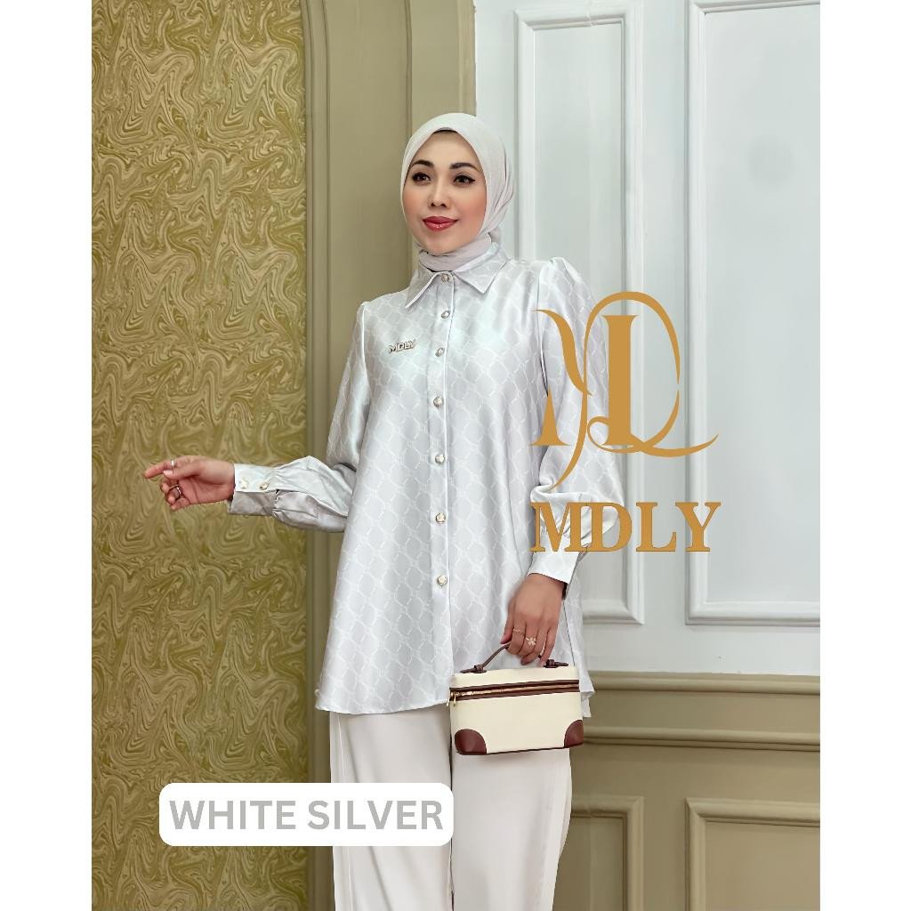 Youna Monogram Shirt Vol. 2, Vol. 3 & Syafa Shirt By MDLY - Atasan Wanita Kemeja Kerja Murah Terbaru Bahan Silk Premium Motif Shirt Casual Lengan Panjang mdly Terbaru Ori White silver