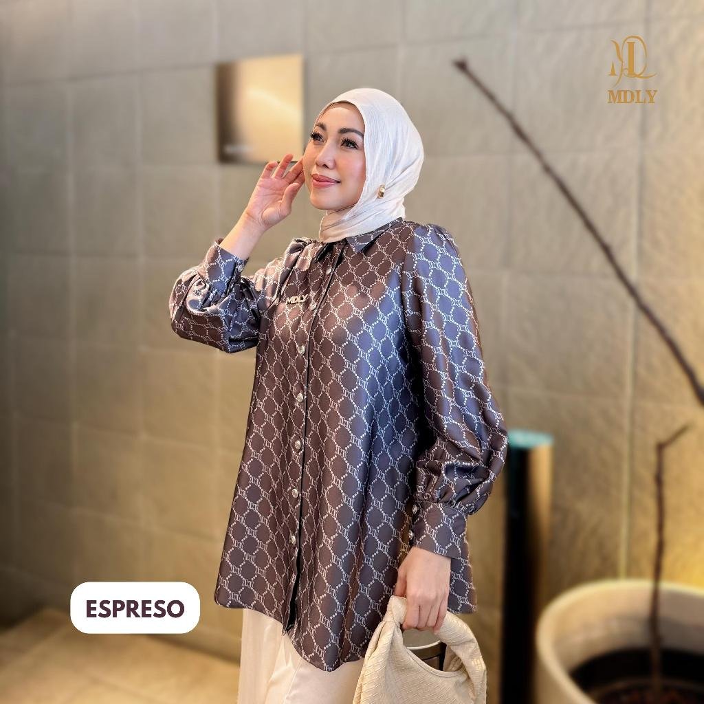 Youna Monogram Shirt Vol. 2, Vol. 3 & Syafa Shirt By MDLY - Atasan Wanita Kemeja Kerja Murah Terbaru Bahan Silk Premium Motif Shirt Casual Lengan Panjang mdly Terbaru Ori Espresso