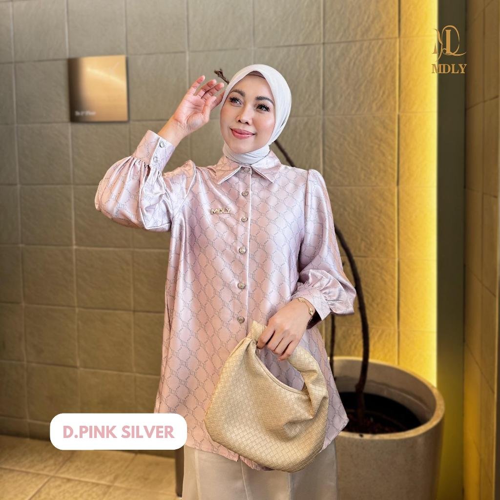 Youna Monogram Shirt Vol. 2, Vol. 3 & Syafa Shirt By MDLY - Atasan Wanita Kemeja Kerja Murah Terbaru Bahan Silk Premium Motif Shirt Casual Lengan Panjang mdly Terbaru Ori Ds Pink Silver