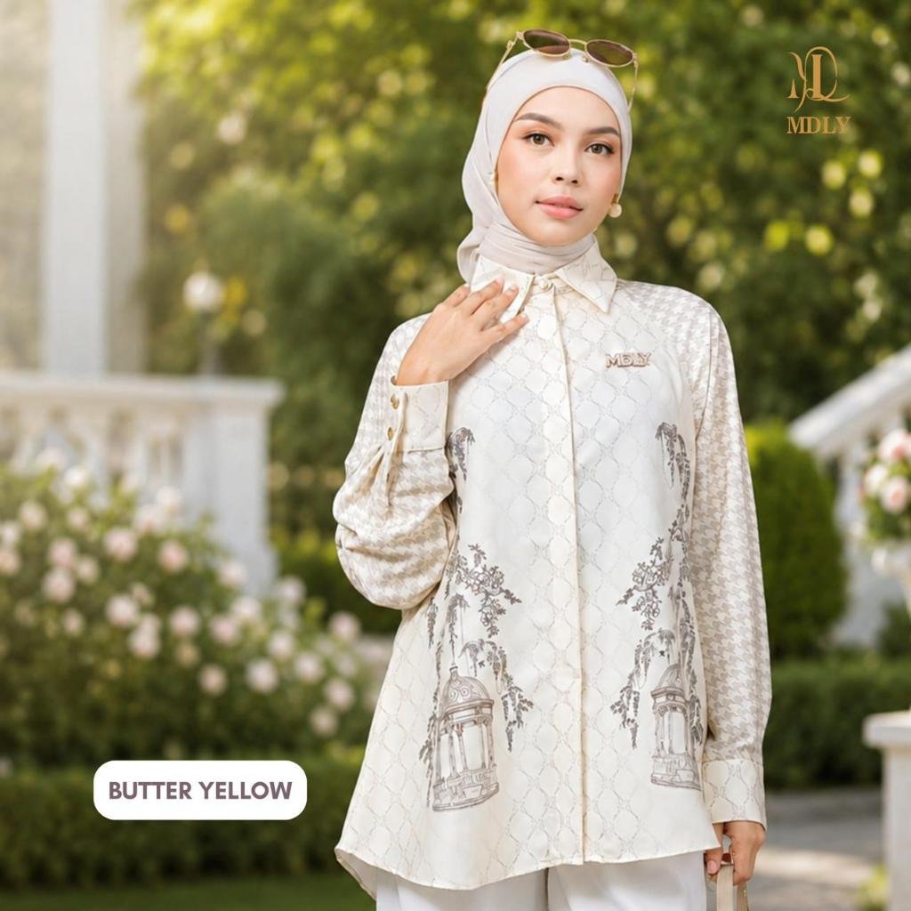 Youna Monogram Shirt Vol. 2, Vol. 3 & Syafa Shirt By MDLY - Atasan Wanita Kemeja Kerja Murah Terbaru Bahan Silk Premium Motif Shirt Casual Lengan Panjang mdly Terbaru Ori Syafa Butter Yellow