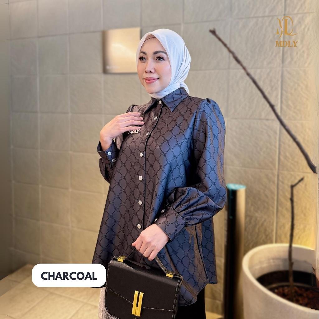 Youna Monogram Shirt Vol. 2, Vol. 3 & Syafa Shirt By MDLY - Atasan Wanita Kemeja Kerja Murah Terbaru Bahan Silk Premium Motif Shirt Casual Lengan Panjang mdly Terbaru Ori New Charcoal