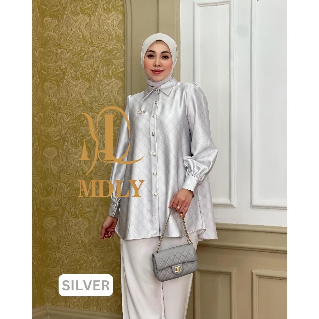 Youna Monogram Shirt Vol. 2, Vol. 3 & Syafa Shirt By MDLY - Atasan Wanita Kemeja Kerja Murah Terbaru Bahan Silk Premium Motif Shirt Casual Lengan Panjang mdly Terbaru Ori Grey silver