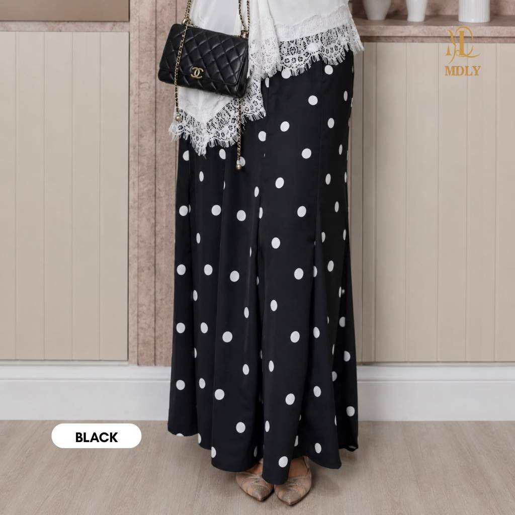 Luxe Skirt & Luxe Dot Skirt By MDLY - Bawahan Wanita  RokTerbaru Bahan silk Premium Skirt Simple Elegan Kekinian Motif Polos Fashion Muslim Dot Black