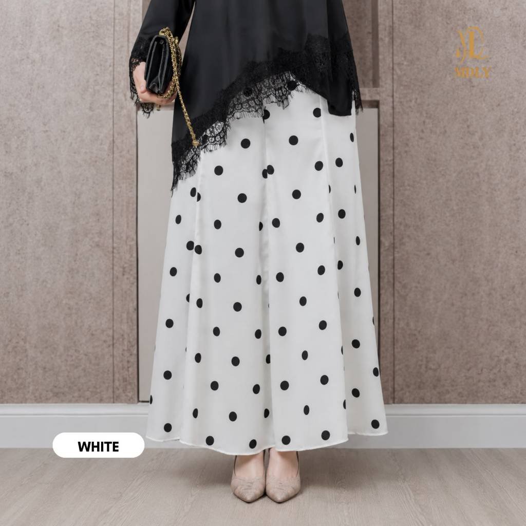 Luxe Skirt & Luxe Dot Skirt By MDLY - Bawahan Wanita  RokTerbaru Bahan silk Premium Skirt Simple Elegan Kekinian Motif Polos Fashion Muslim Dot White
