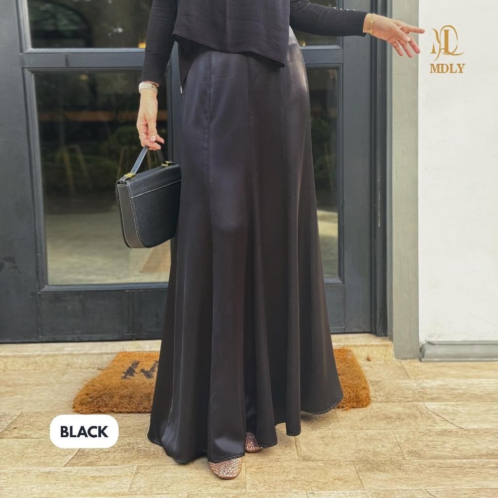 Luxe Skirt & Luxe Dot Skirt By MDLY - Bawahan Wanita  RokTerbaru Bahan silk Premium Skirt Simple Elegan Kekinian Motif Polos Fashion Muslim Black