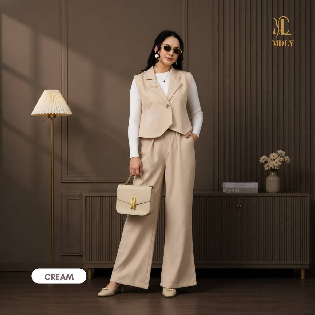 Levia Set Setelan Wanita Terbaru One Set Premium Bahan Katun Premium Setelan Celana Elegan Cream
