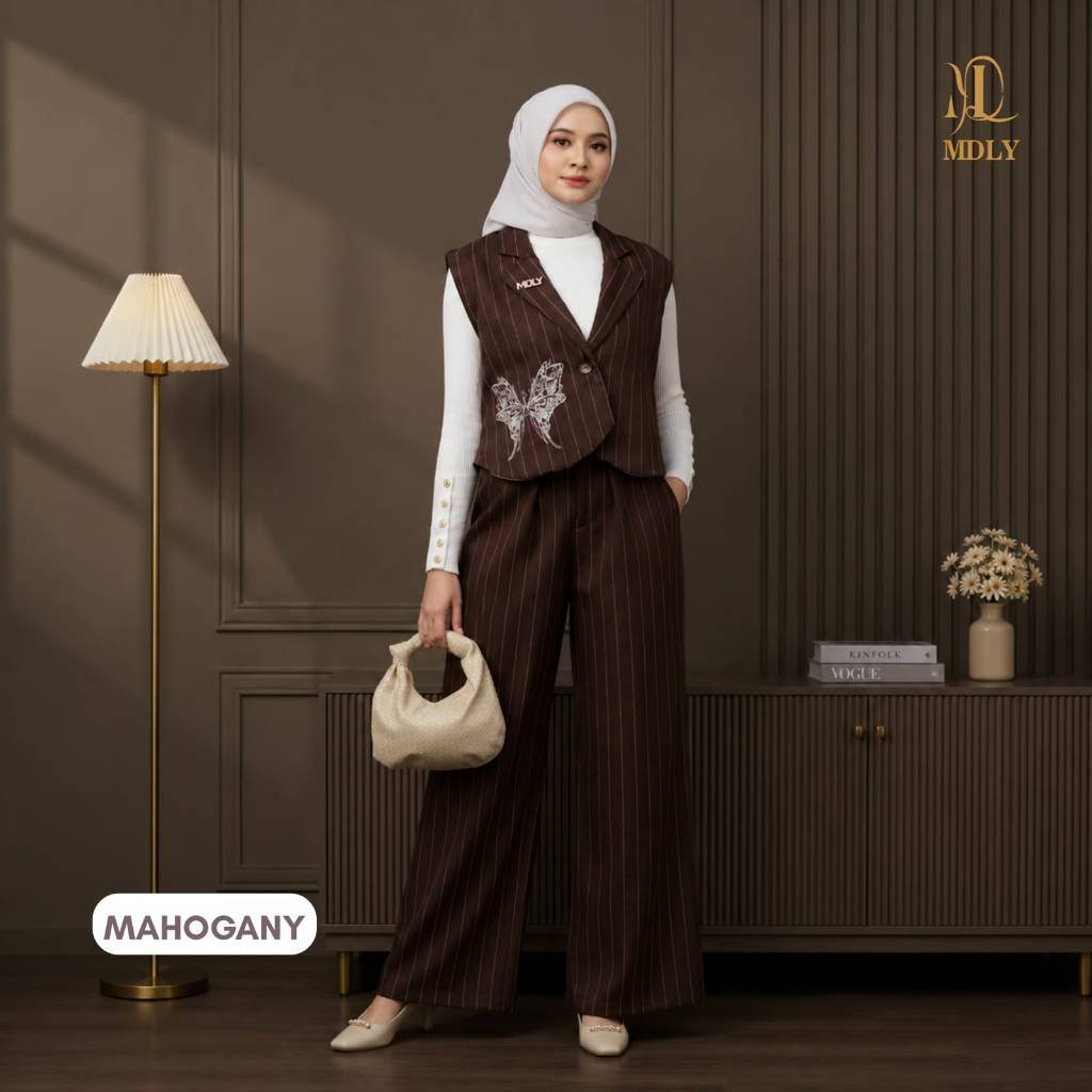 Levia Set Setelan Wanita Terbaru One Set Premium Bahan Katun Premium Setelan Celana Elegan Mahogany