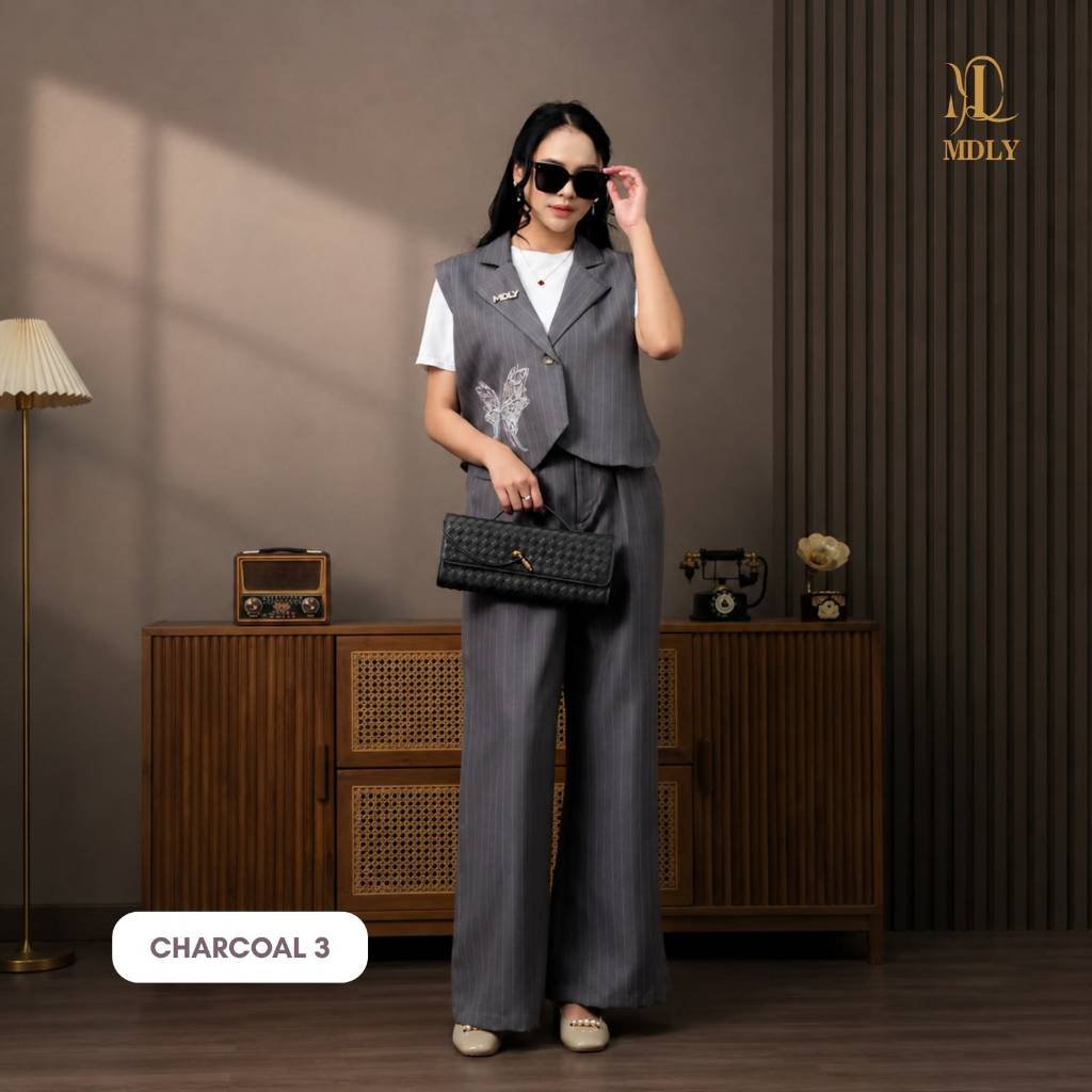 Levia Set Setelan Wanita Terbaru One Set Premium Bahan Katun Premium Setelan Celana Elegan Charcoal 3