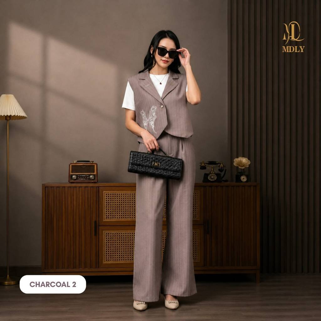 Levia Set Setelan Wanita Terbaru One Set Premium Bahan Katun Premium Setelan Celana Elegan Charcoal 2